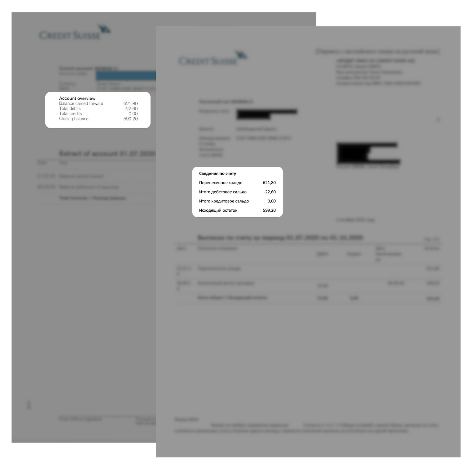 Bank statement details in English and in Russian