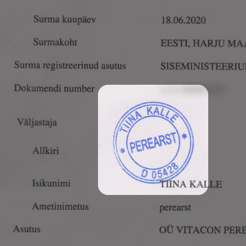 A fragment of a death certificate with a seal