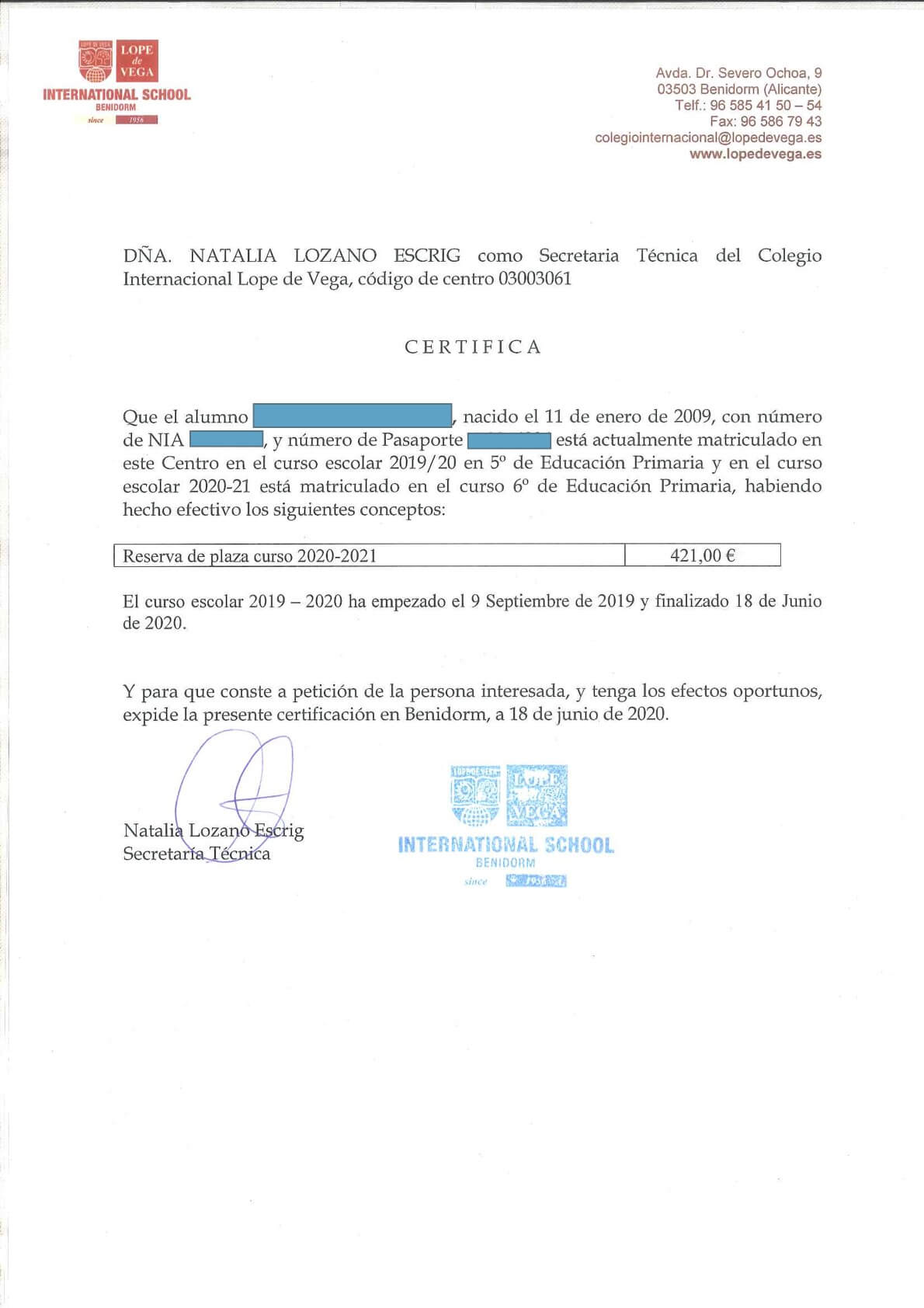 An enrollment confirmation in Spanish before translation