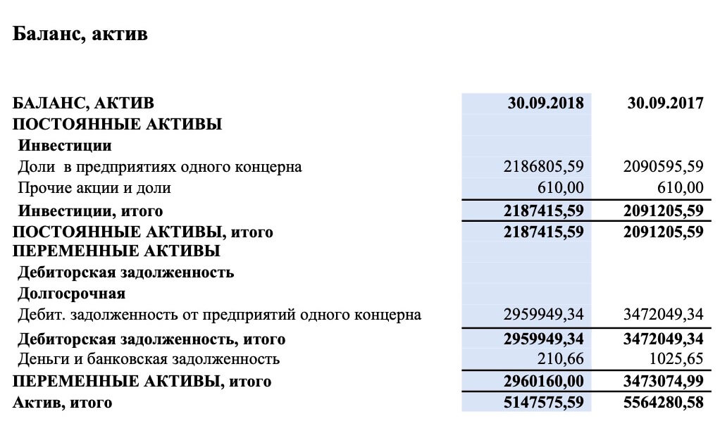 A fragment of a financial statement translated from Finnish into Russian