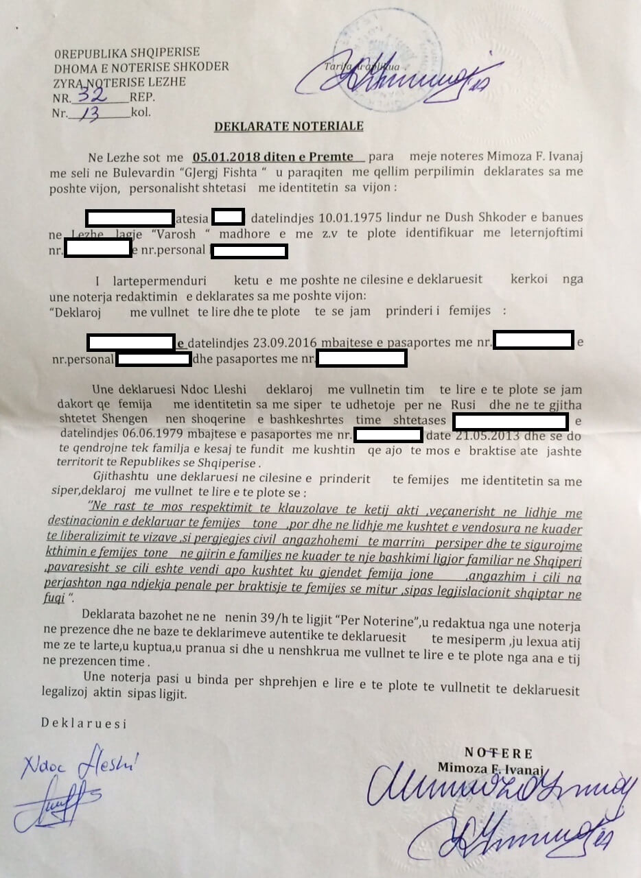 A parental consent in Albanian before translation