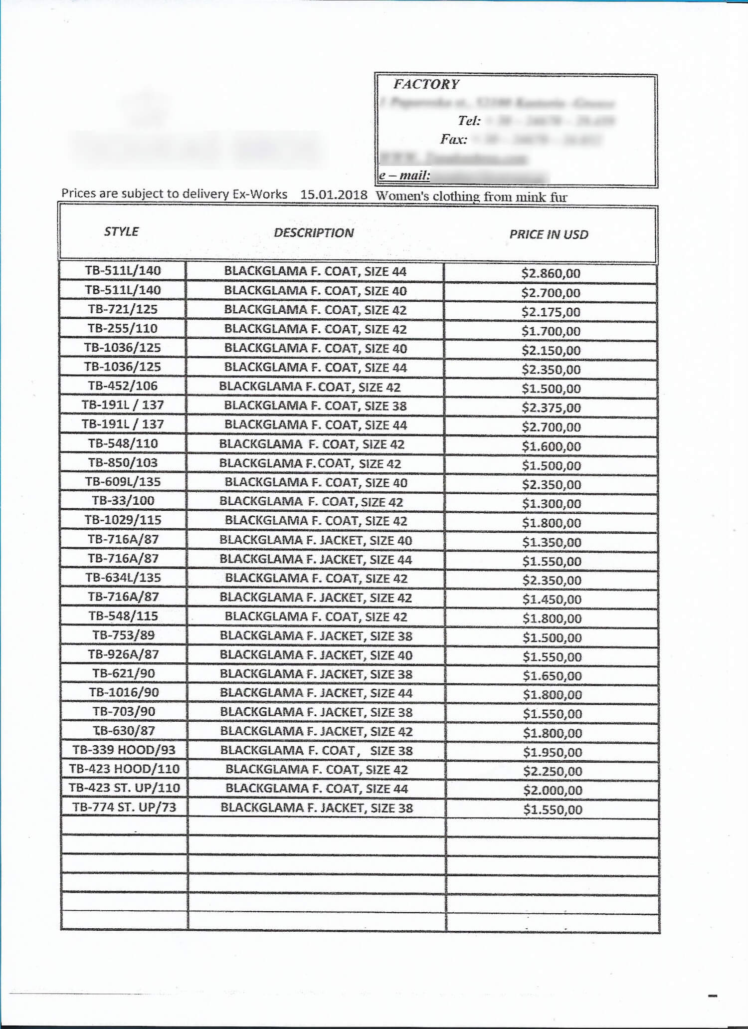 a price list in Egnlish before translation
