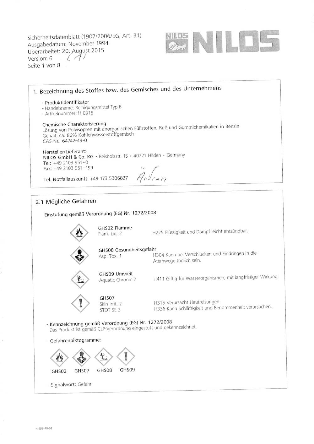 The first page of an SDS in German