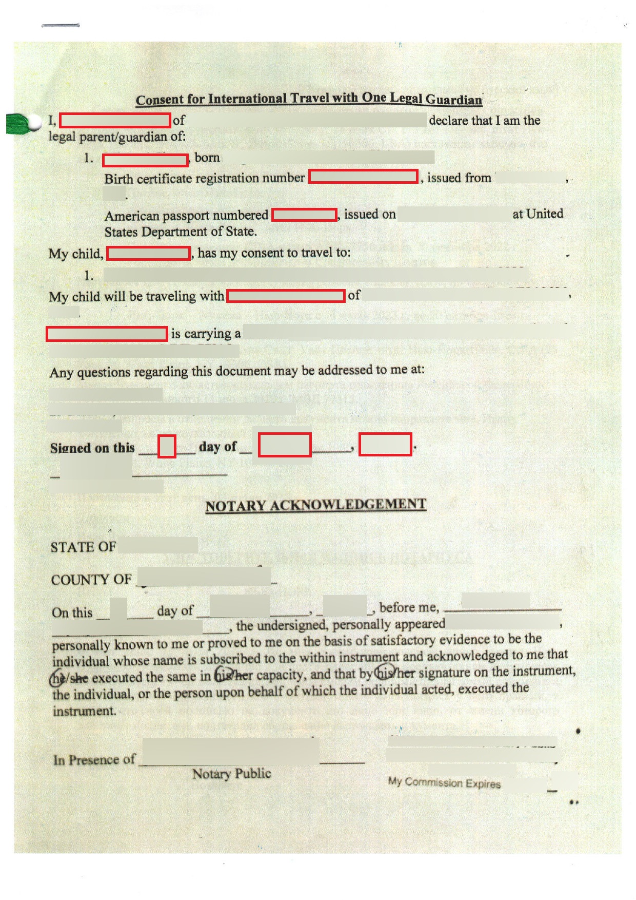 A parental consent in English before translation into Russian