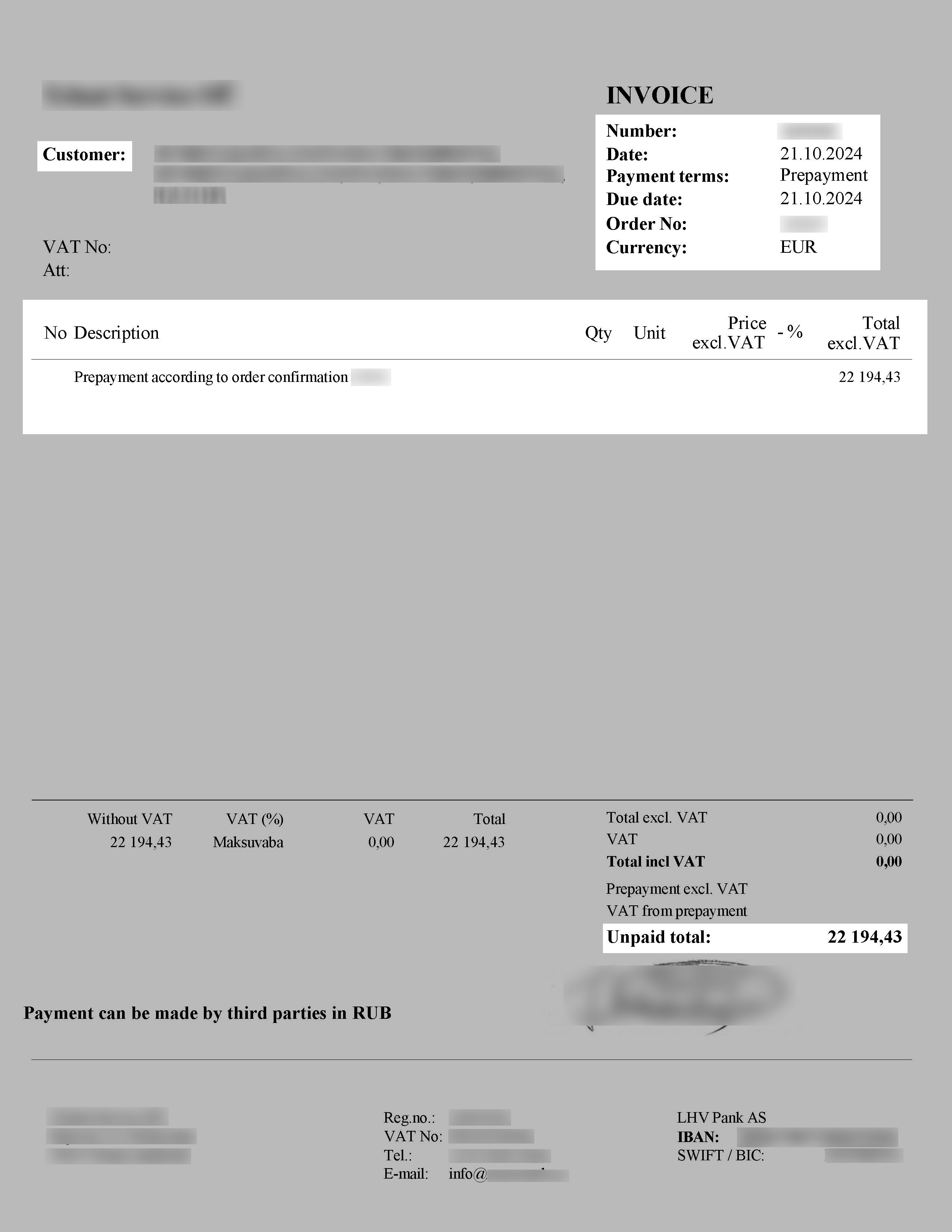 An invoice translated from English and Estonian into Russian